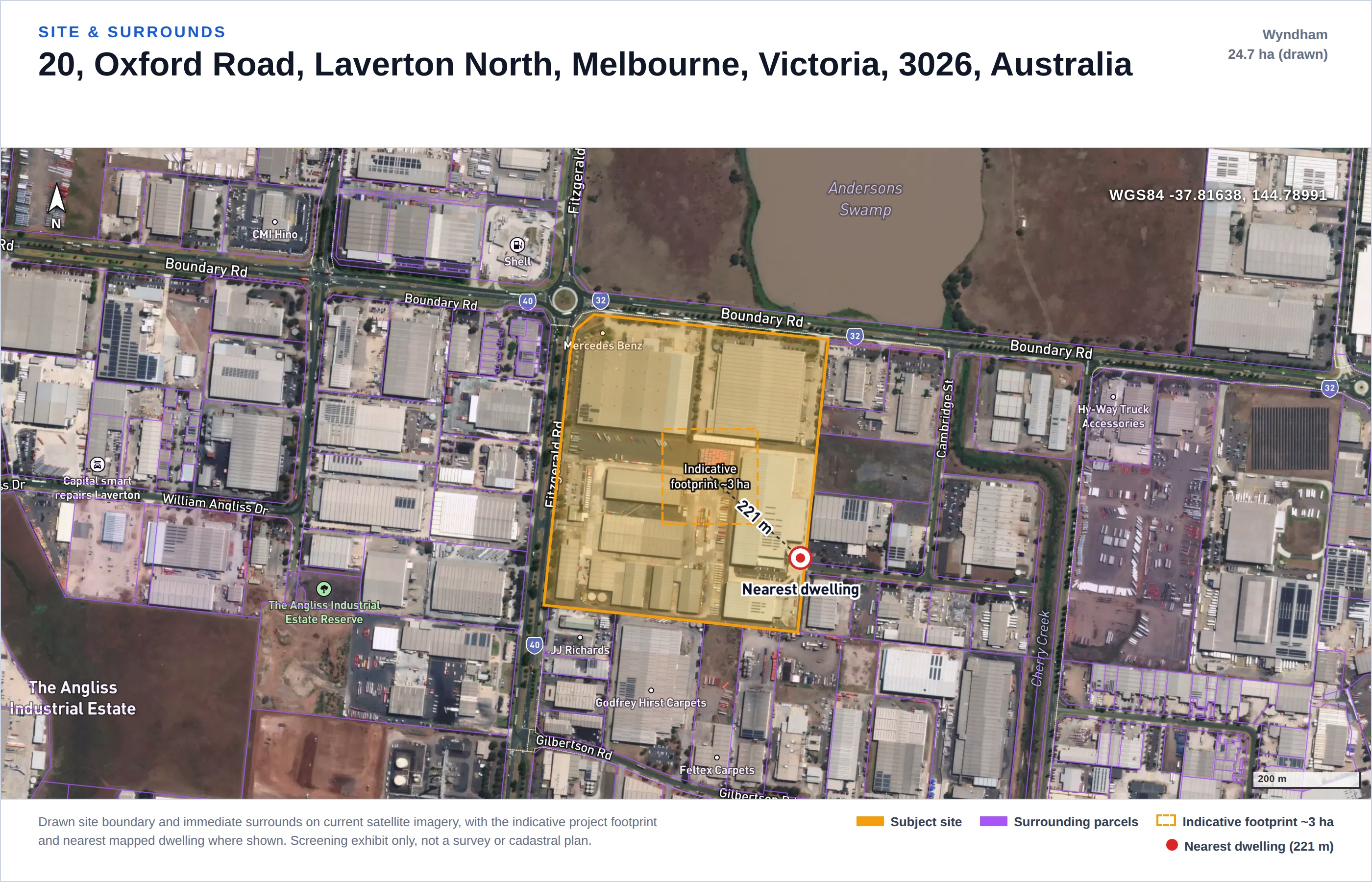 Sample screening report: site and surrounds satellite figure, Laverton North VIC industrial parcel