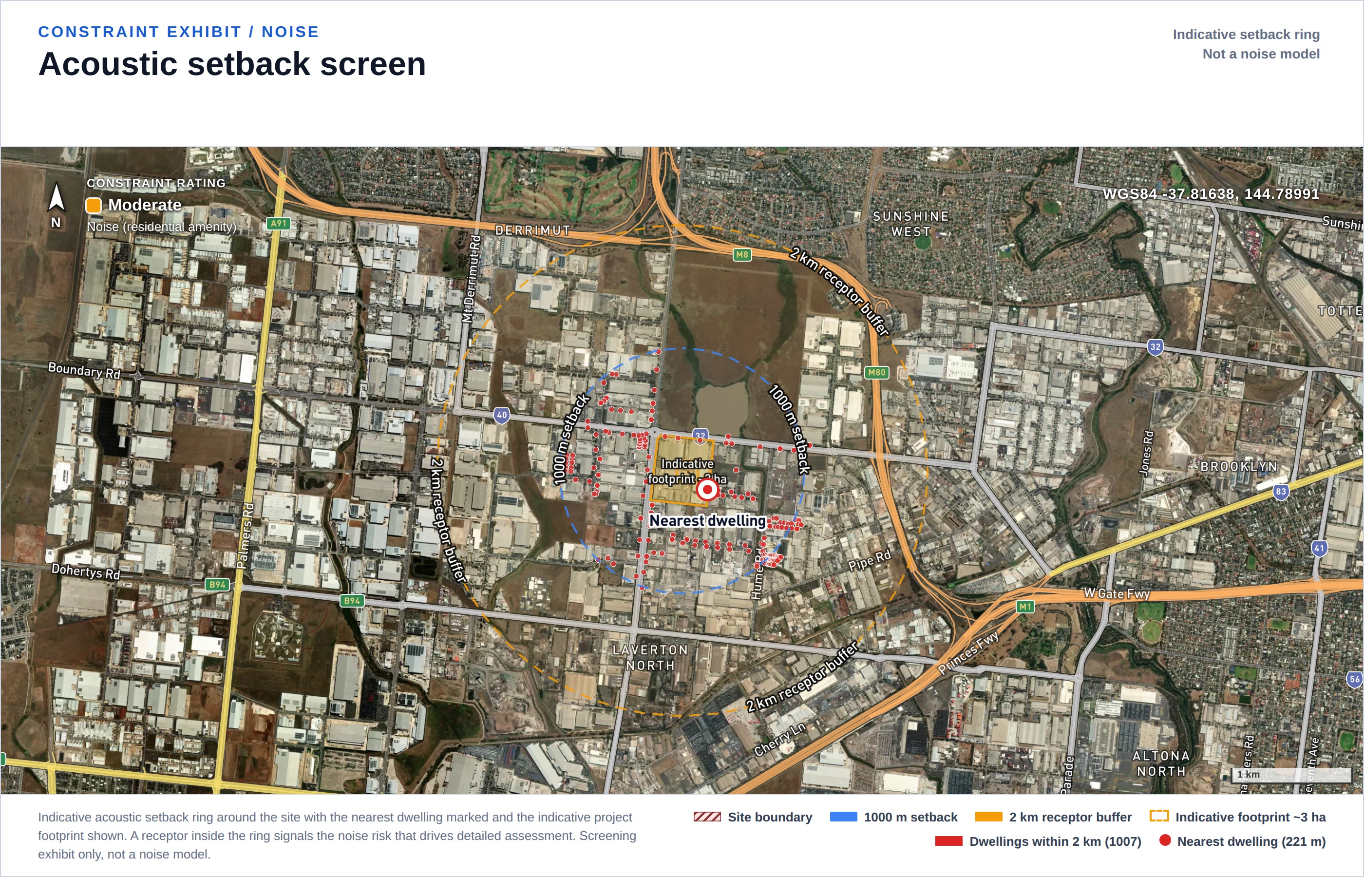 Noise receptor separation exhibit: dwellings around the site