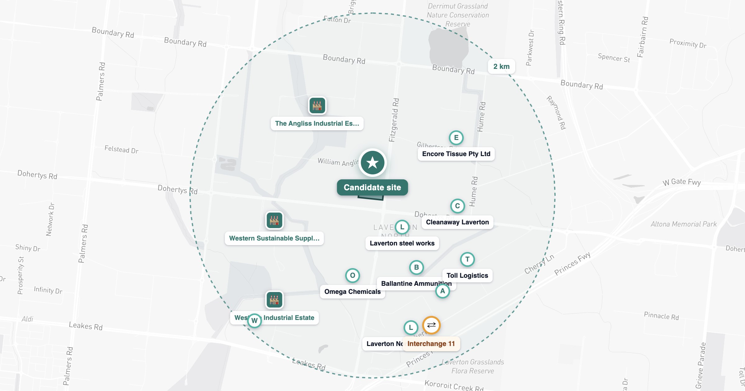 Existing industrial estates and occupiers around Laverton North Warehouse Screening (demo), 2 km radius