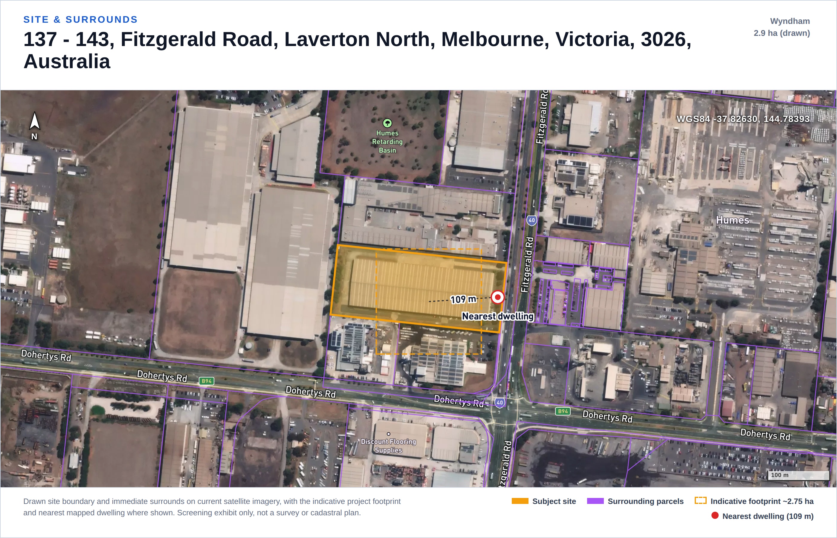 Sample screening report: site and surrounds satellite figure, Laverton North VIC industrial infill parcel