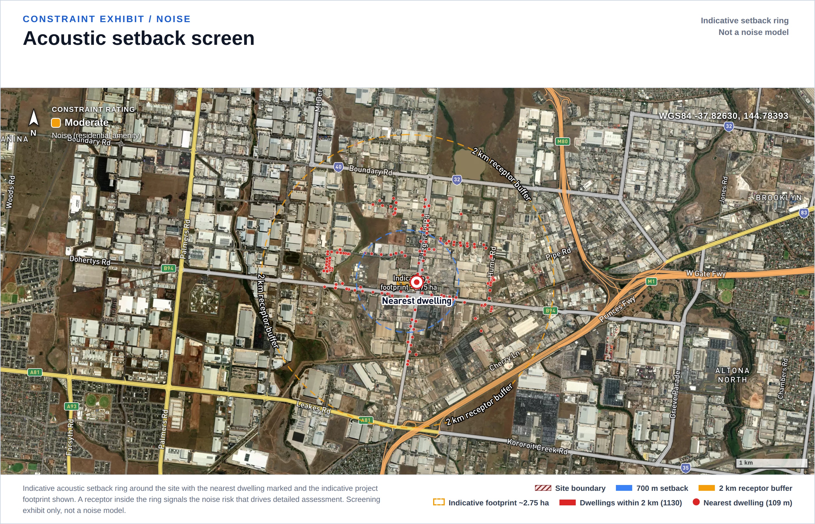 Noise receptor separation exhibit: dwellings around the site