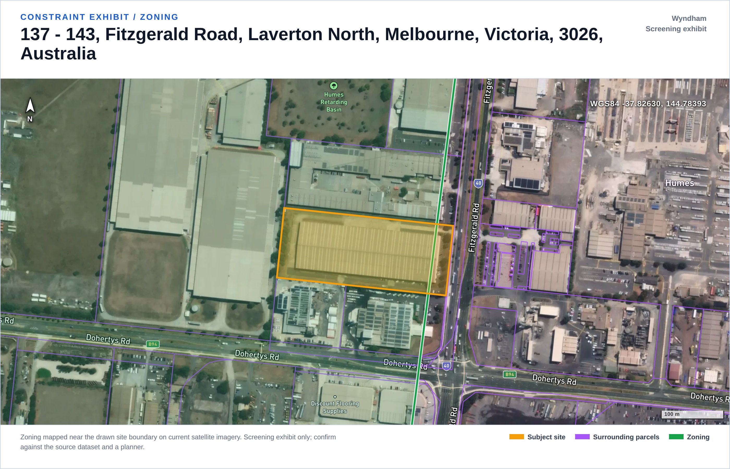 Zoning mapped near the drawn site boundary on current satellite imagery