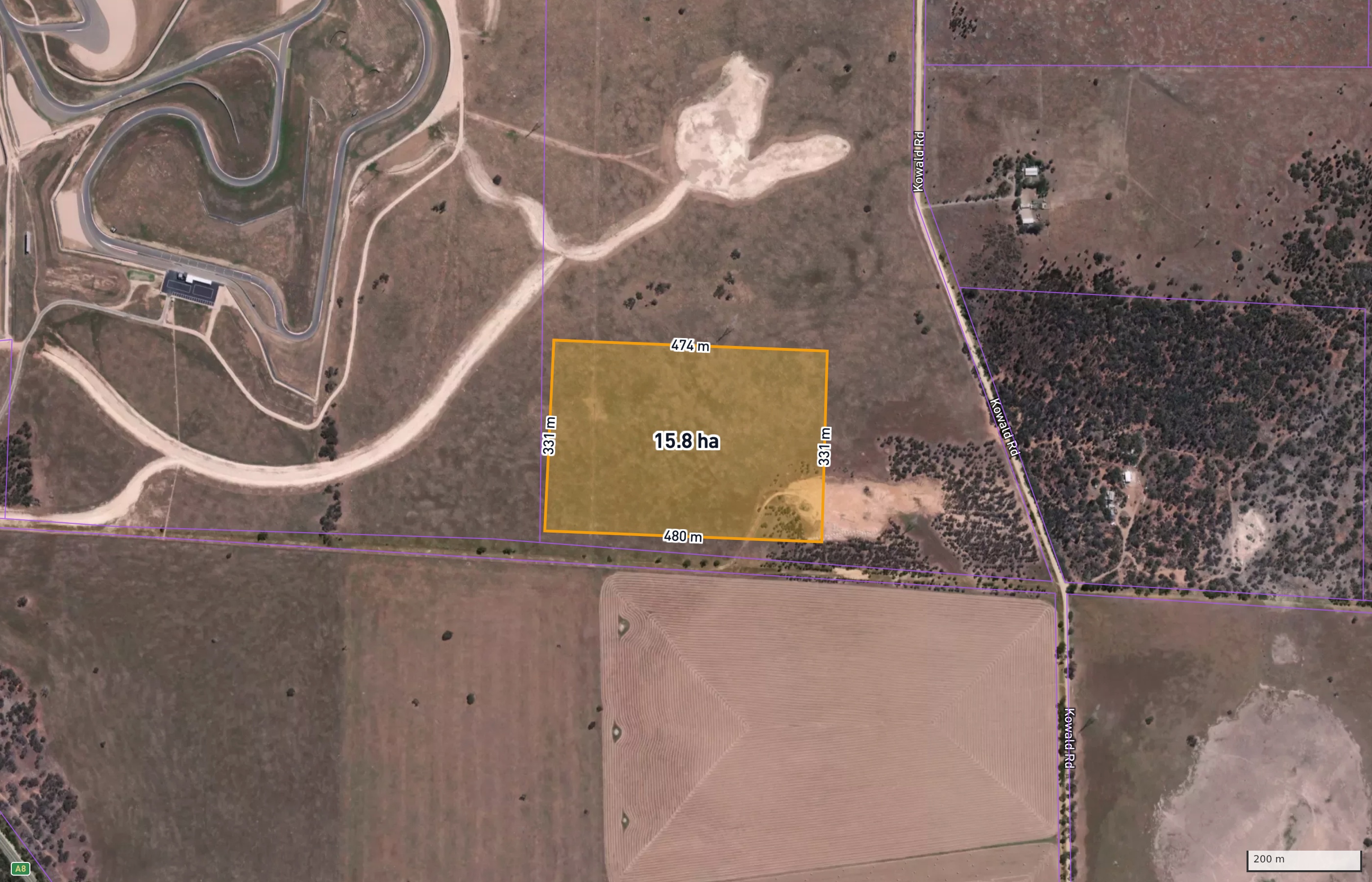 Site boundary for Tailem Bend Power Precinct (sample) with dimensions and area on the standard map