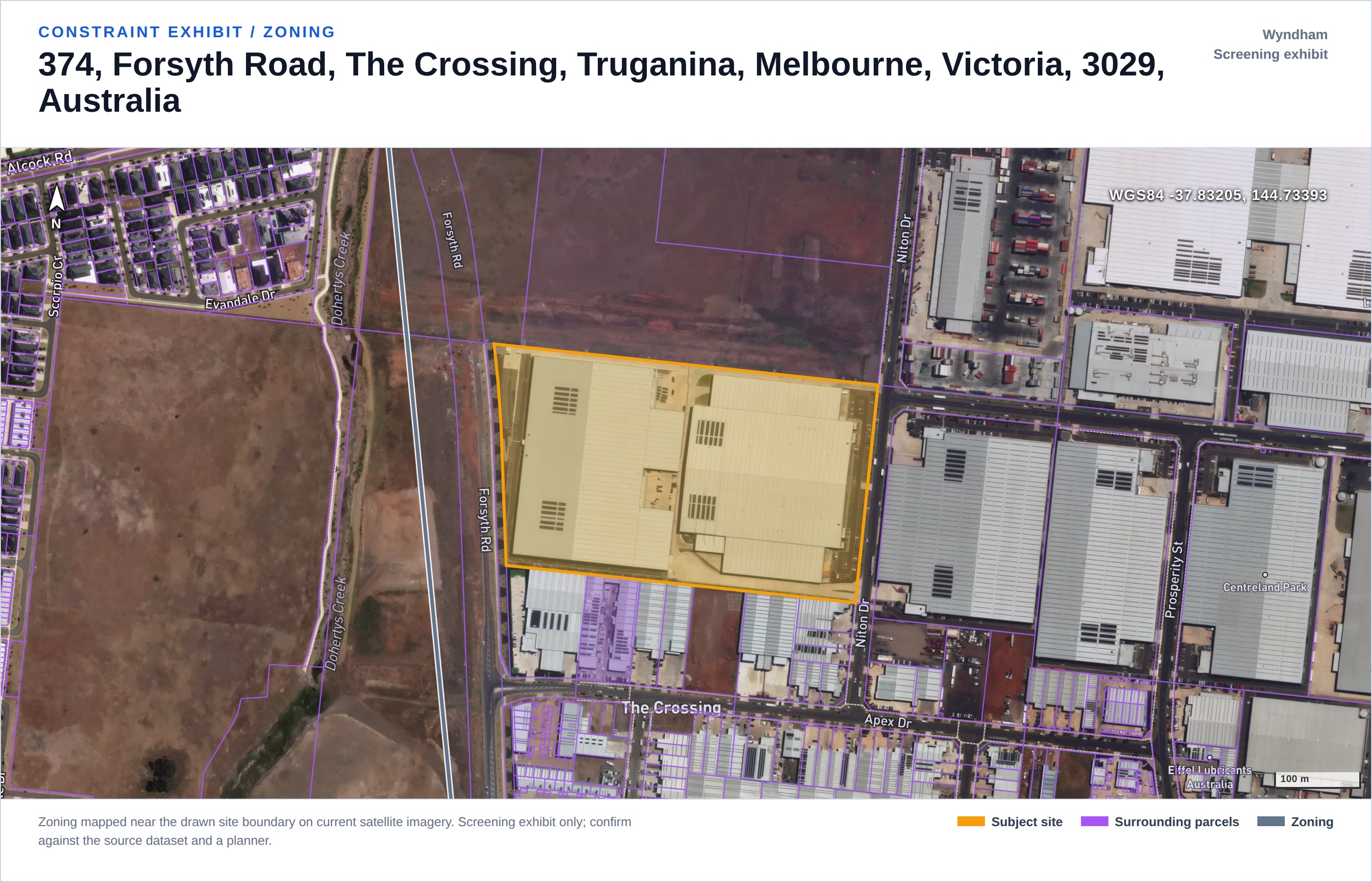 Zoning mapped near the drawn site boundary on current satellite imagery